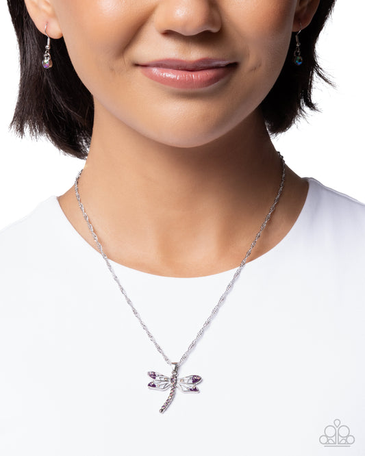 Paparazzi Dragonfly Debut - Purple Damson Painted, Multicolored & Iridescent Rhinestone Dragonfly Necklace N4037