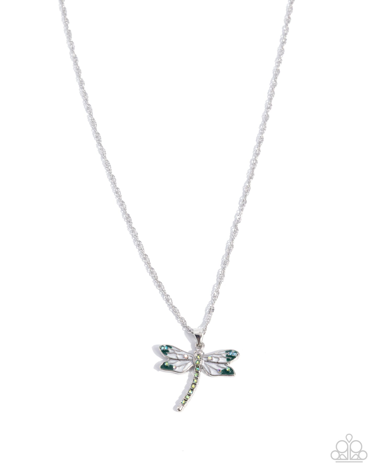 Paparazzi Dragonfly Debut - Green & White Painted Silver Dragonfly