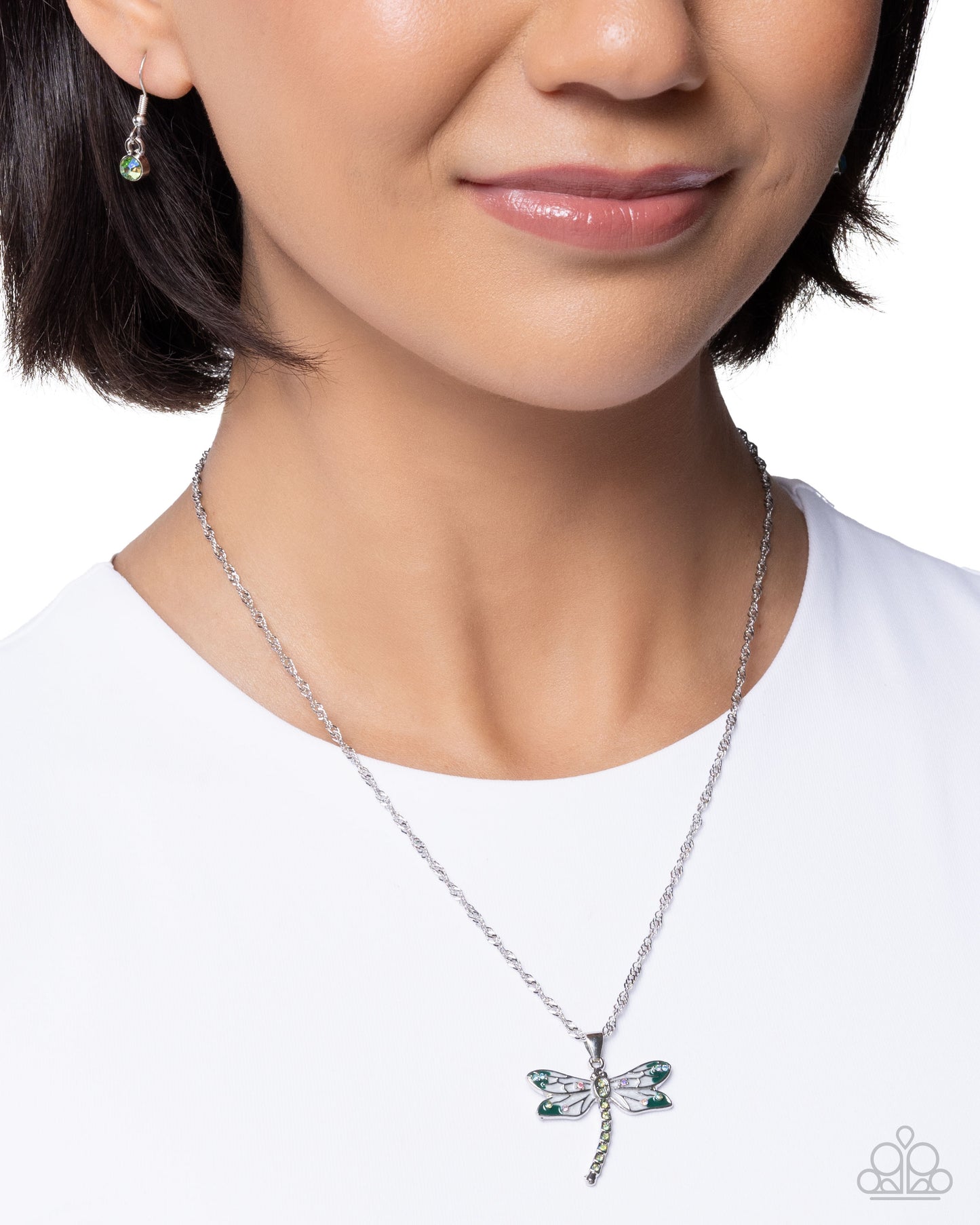 Paparazzi Dragonfly Debut - Green & White Painted Silver Dragonfly