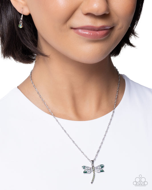 Paparazzi Dragonfly Debut - Green & White Painted Silver Dragonfly