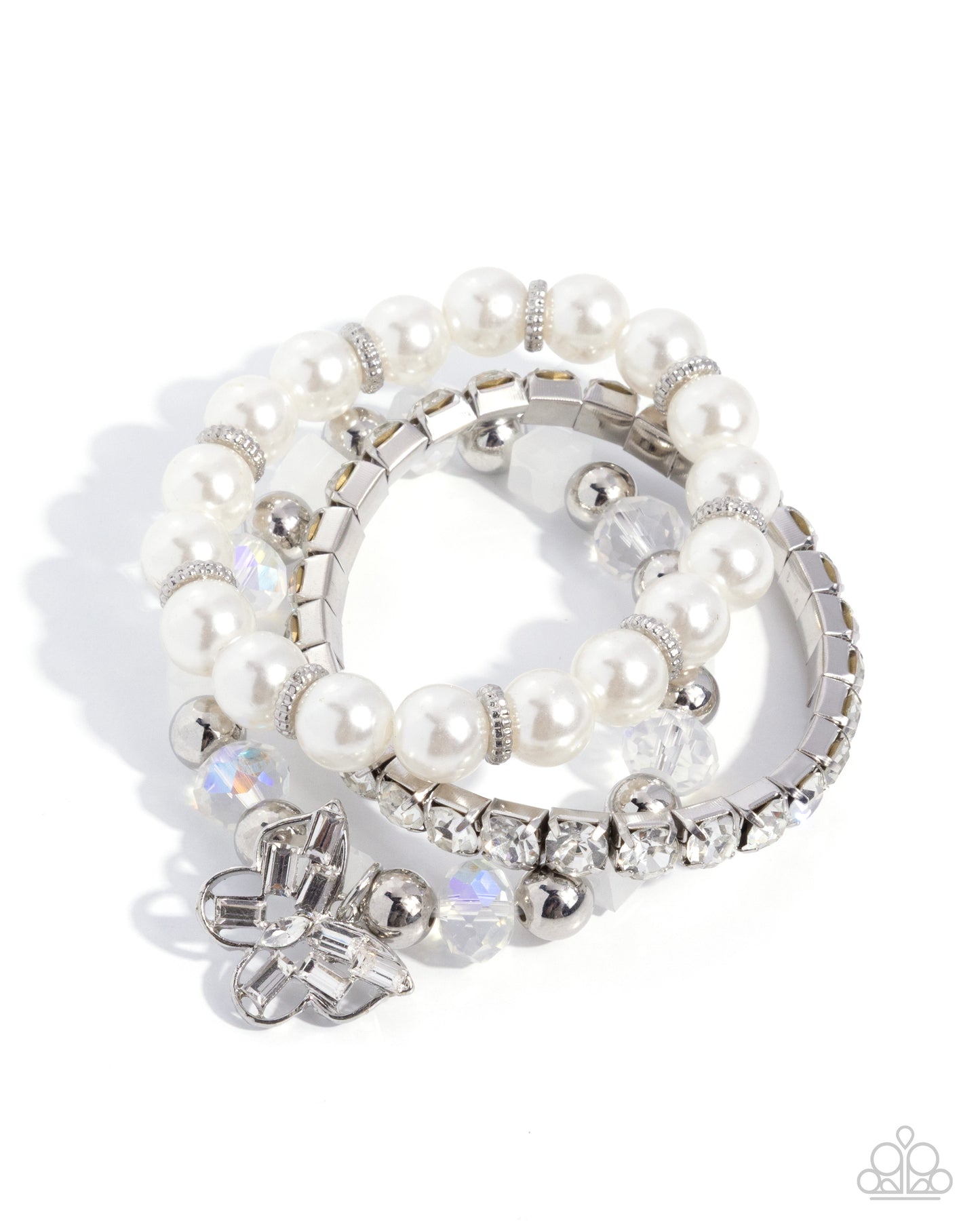 Paparazzi Keep Getting Butterflies - White Pearl Bead, Rhinestones & Silver Butterfly Charm Set Of 3 Stretch Bracelets