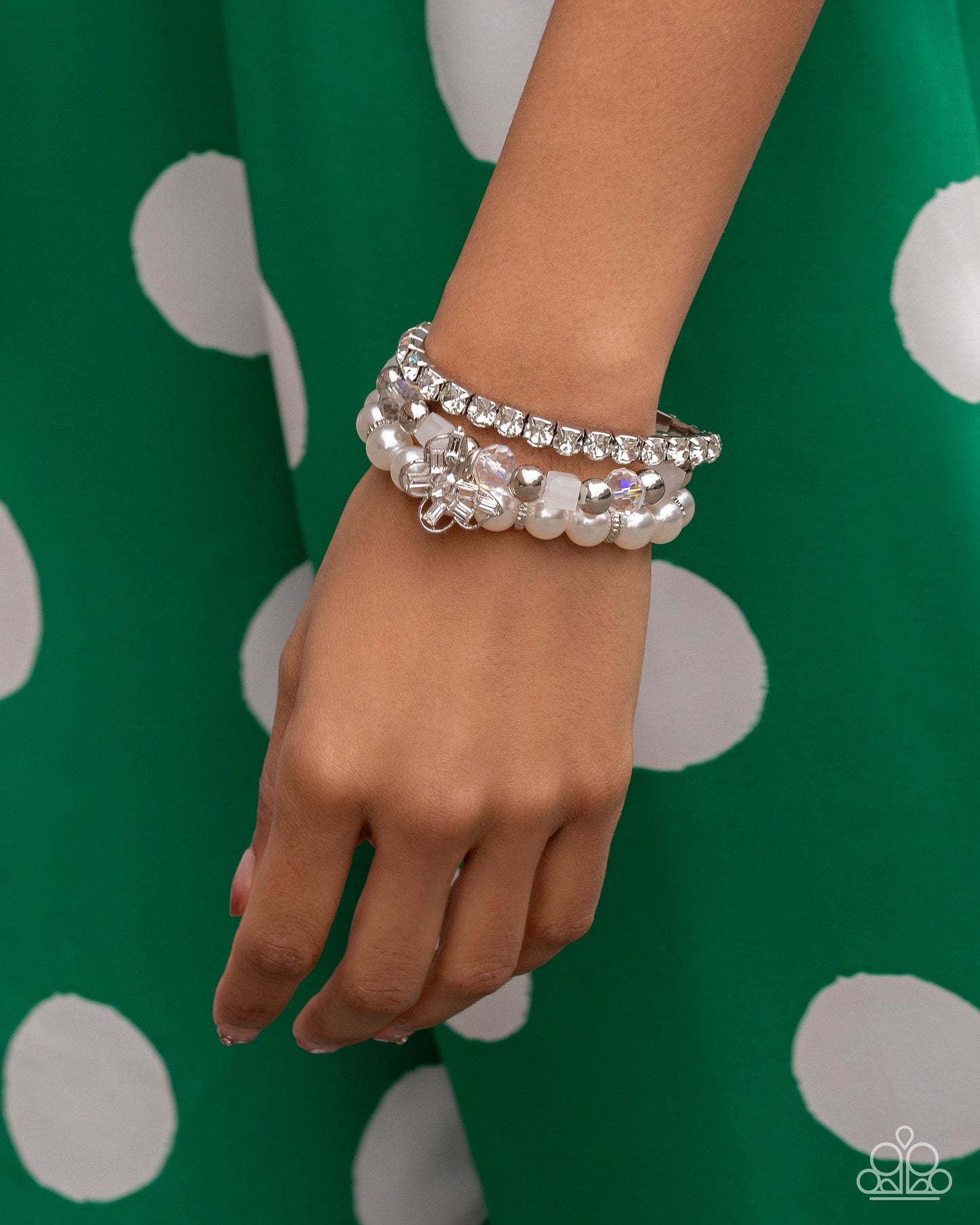 Paparazzi Keep Getting Butterflies - White Pearl Bead, Rhinestones & Silver Butterfly Charm Set Of 3 Stretch Bracelets