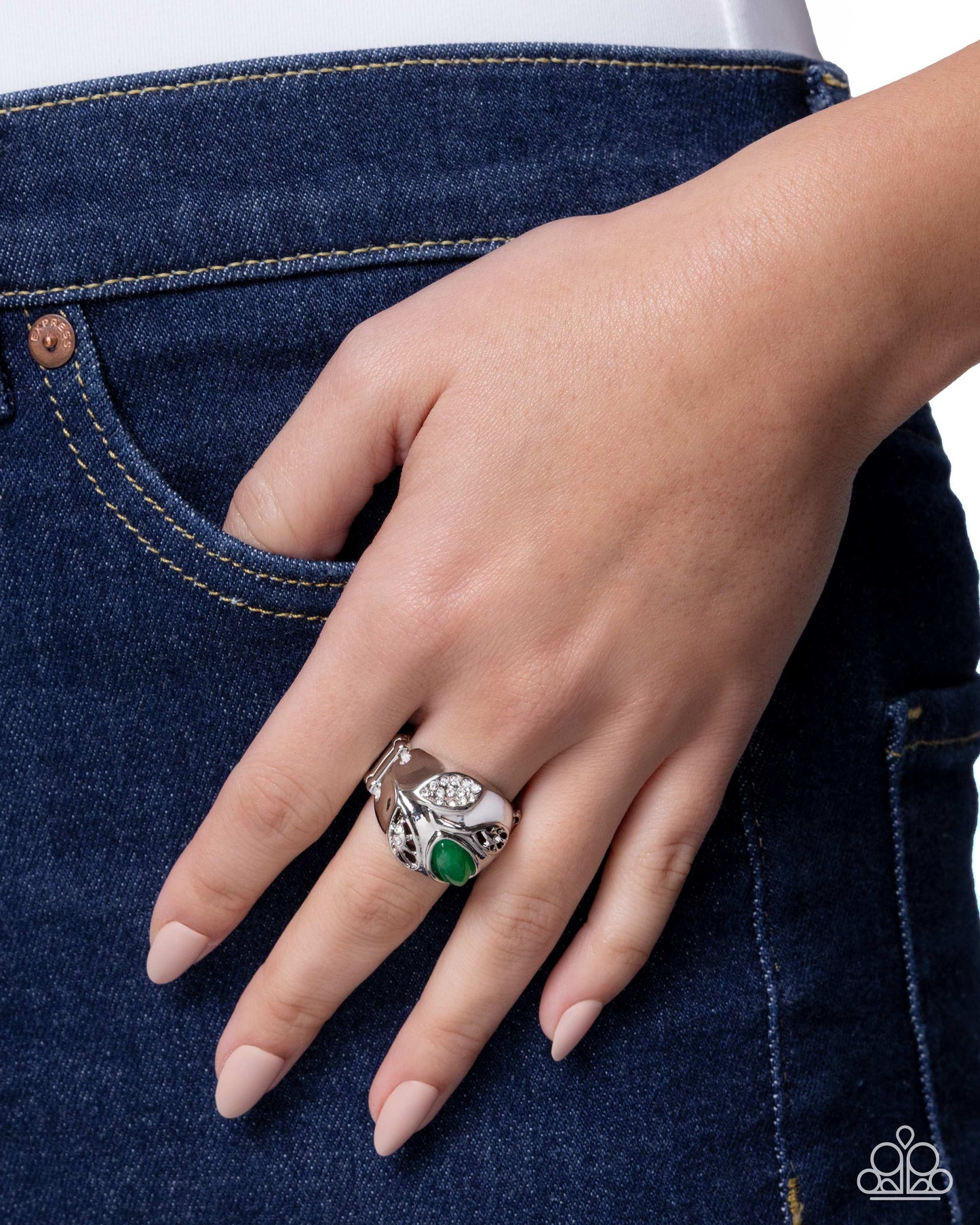 Paparazzi Whispering Canyon - Green Jade Stone White Rhinestone Silver Ring R1059