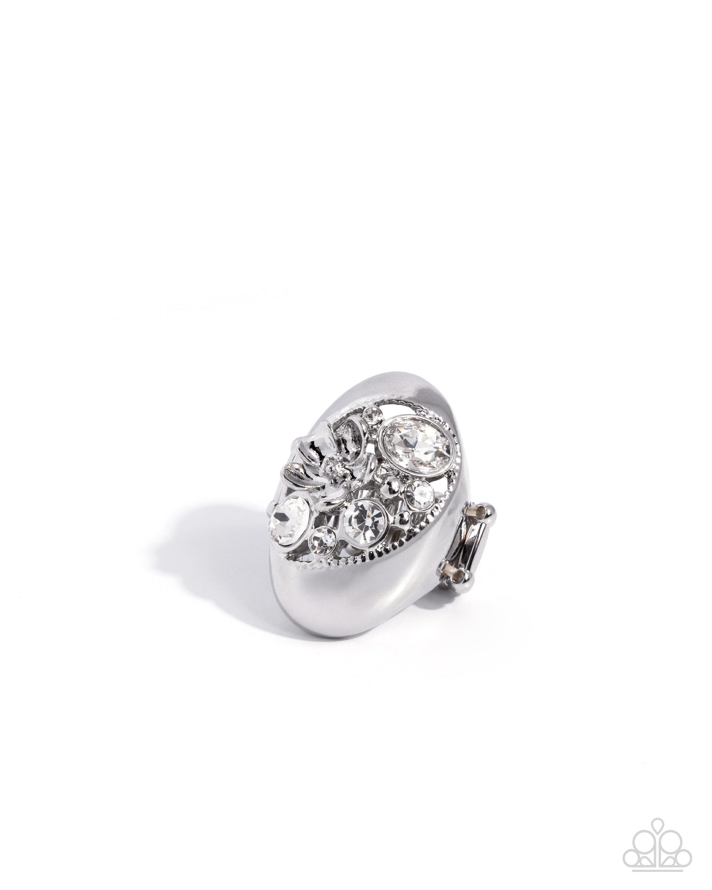 Paparazzi Flourishing Fairytale - White Rhinestone Silver Flower Ring R1341