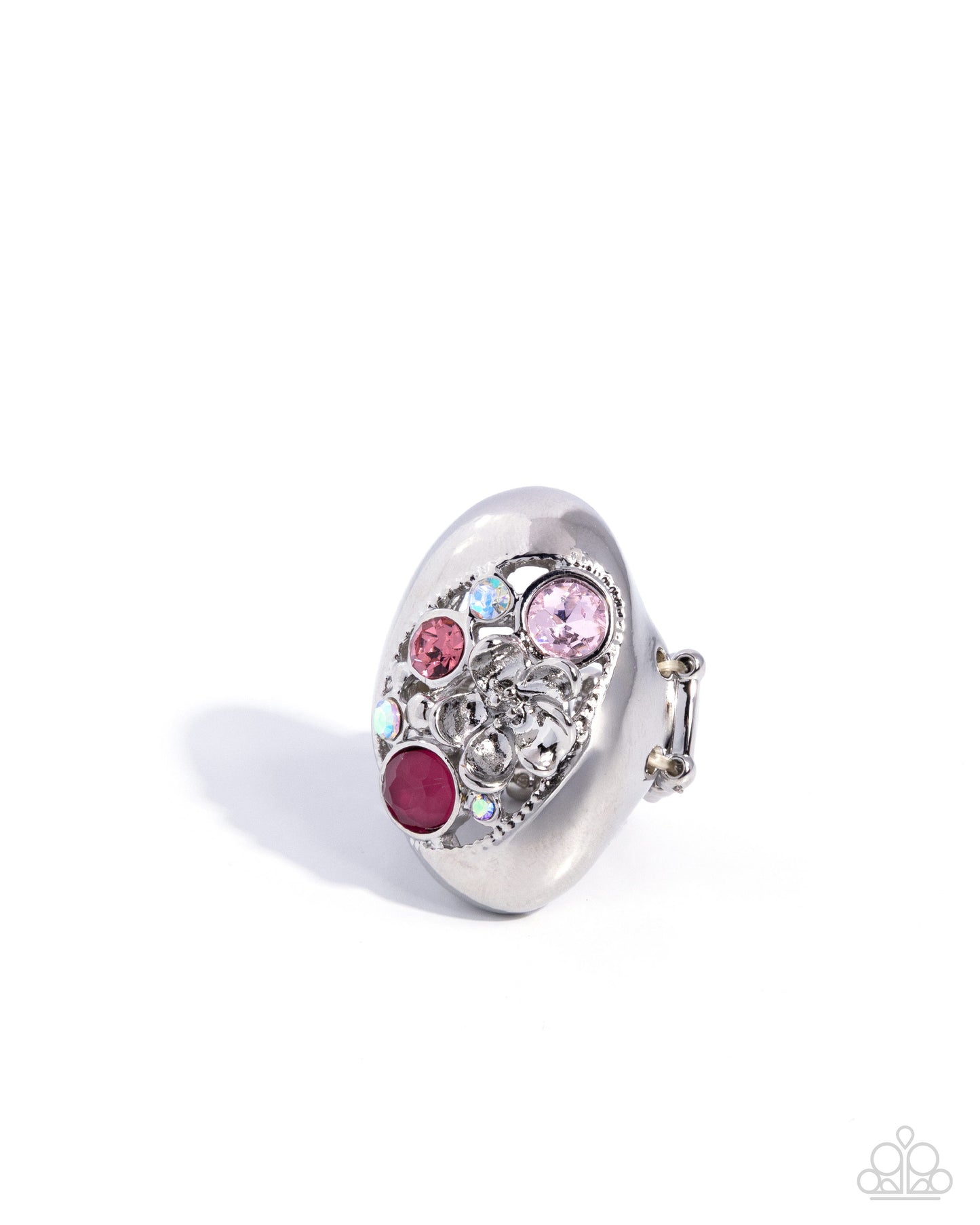 Paparazzi Flourishing Fairytale - Pink Multicolored & Iridescent Rhinestone Silver Floral Ring R1337