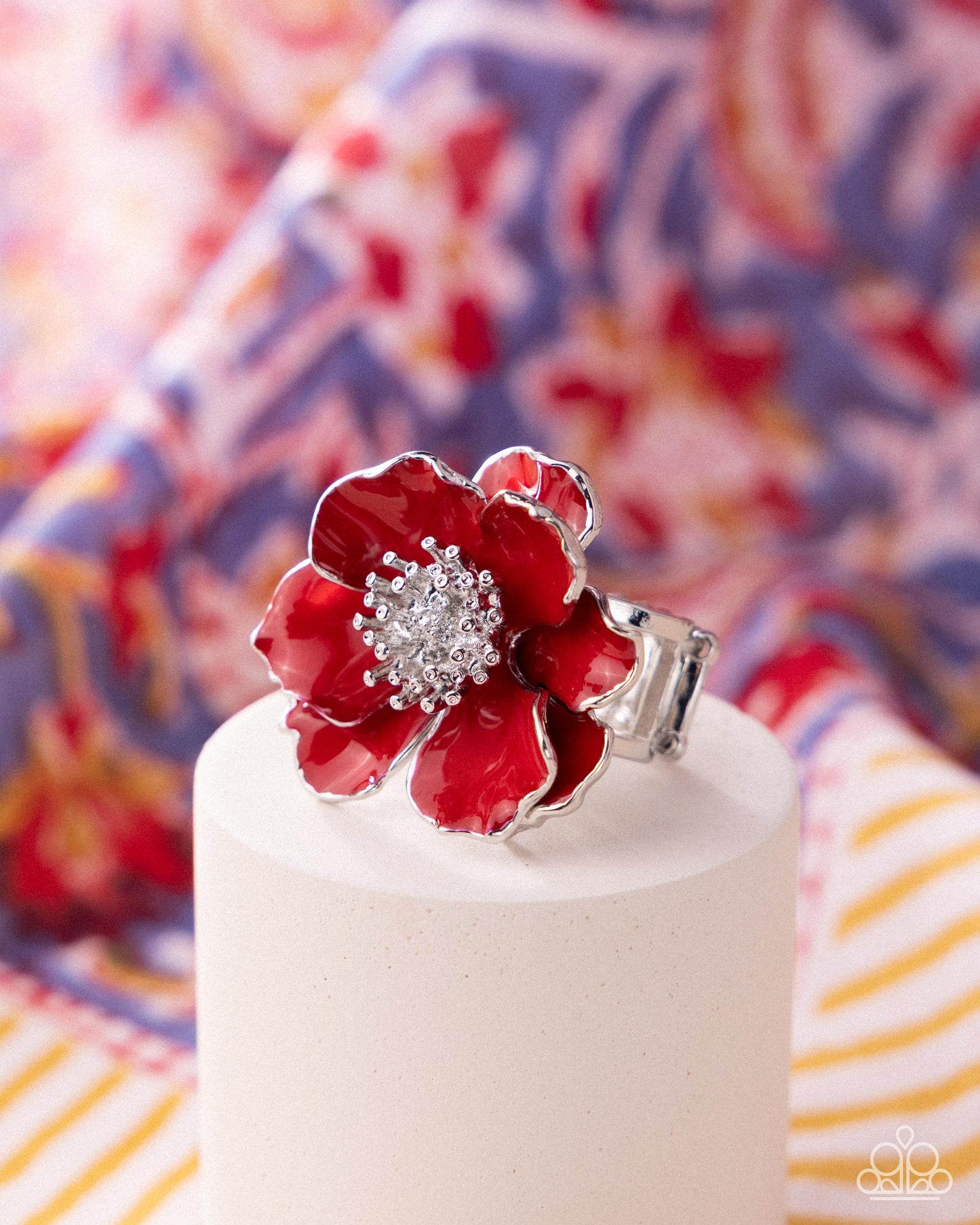 Paparazzi Poppy Power - Red Poppy Painted Silver Flower Ring R1363