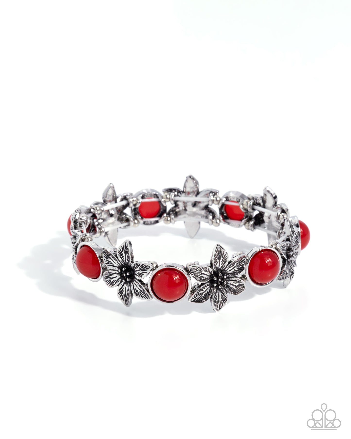 Paparazzi Floral Flashback - Red bead Silver Flower Stretch Bracelet B2517