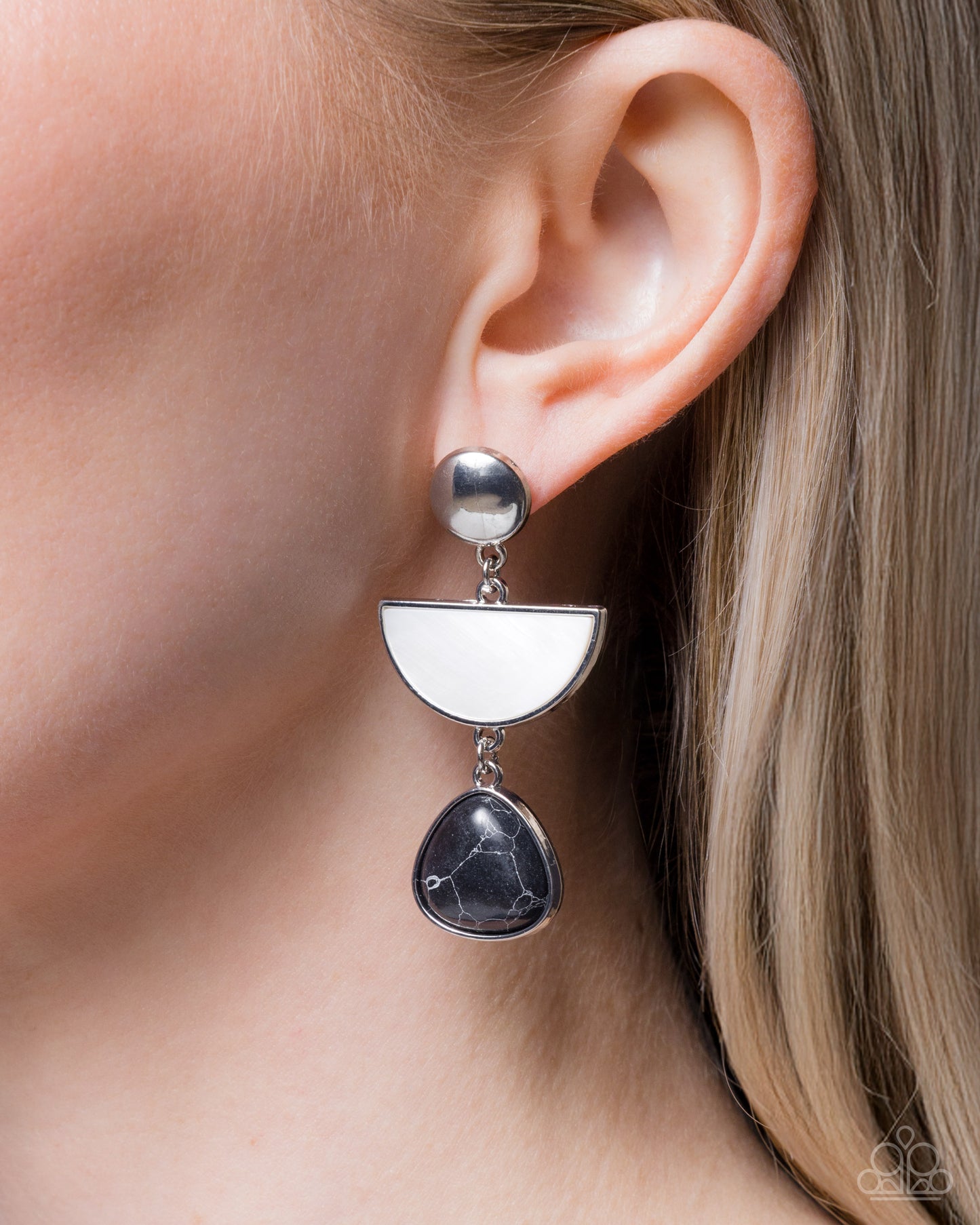 Paparazzi Roaming Spirit - Black Marbled Stone & White Shell Post Earring E3404