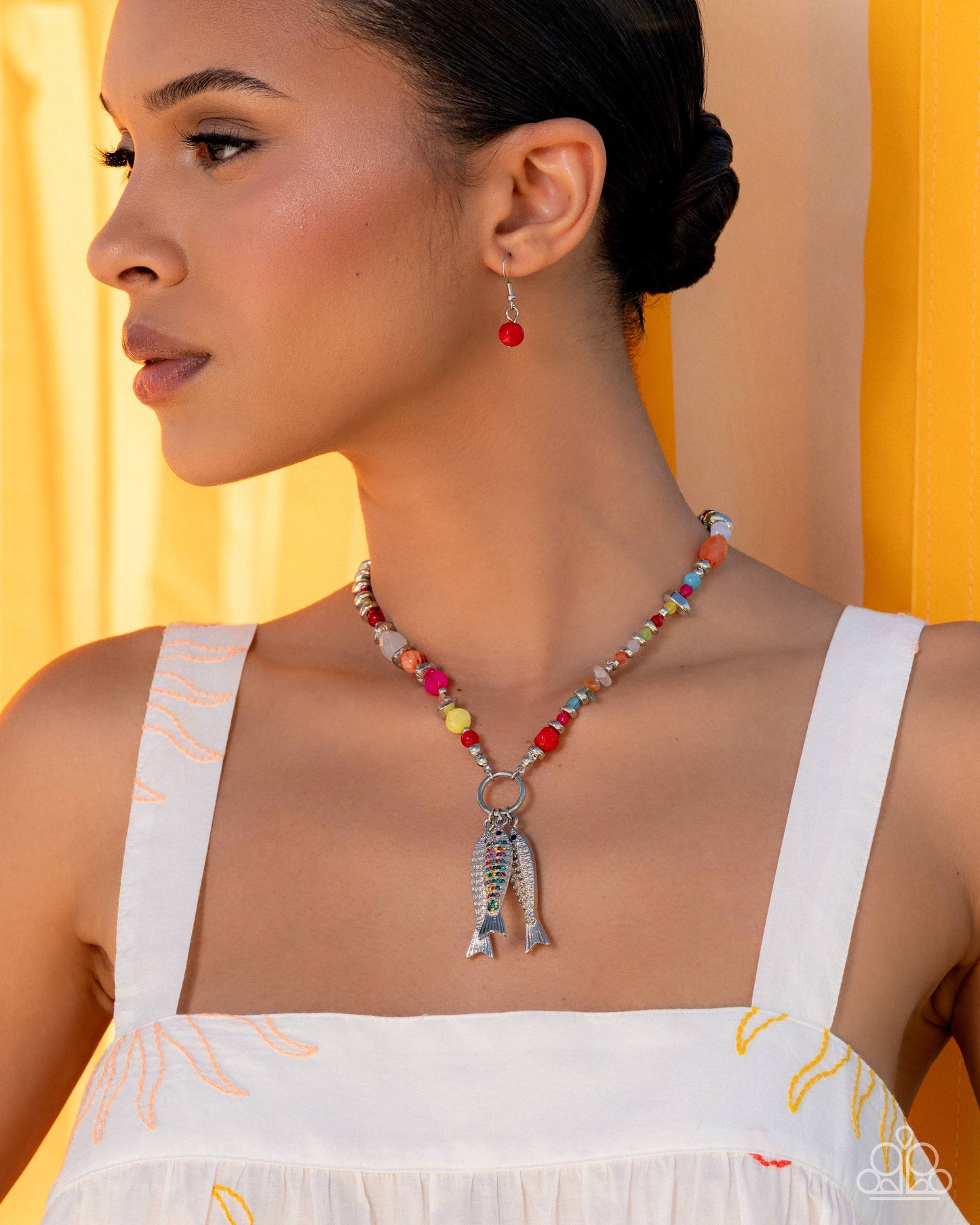 Paparazzi Coastal Caprice - Multicolored Rhinestone Silver Fish Sea Inspired Necklace Empower Me Pink 2026