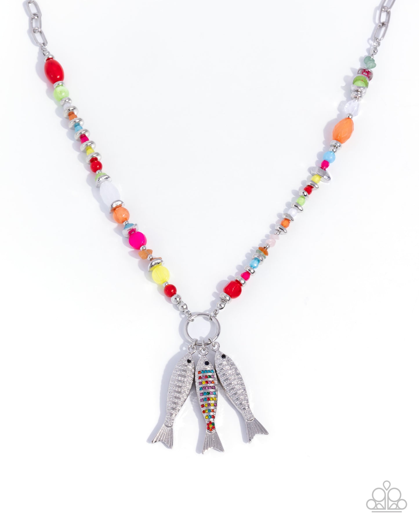 Paparazzi Coastal Caprice - Multicolored Rhinestone Silver Fish Sea Inspired Necklace Empower Me Pink 2026