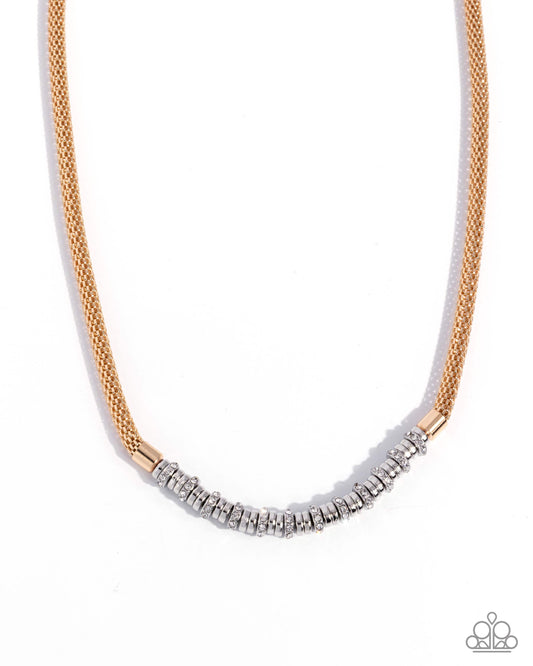 Paparazzi Modest Mayhem - Gold Mesh Chain White Rhinestone Silver Disc Necklace