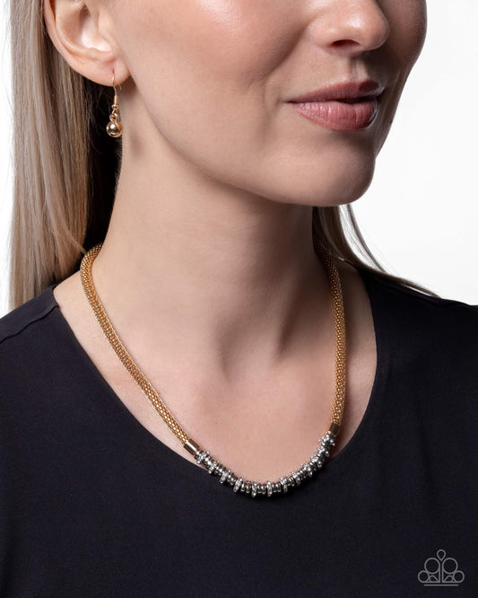 Paparazzi Modest Mayhem - Gold Mesh Chain White Rhinestone Silver Disc Necklace