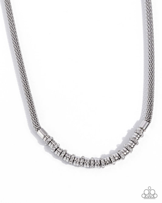Paparazzi Modest Mayhem - White Rhinestone Silver Disc Mesh Chain Necklace