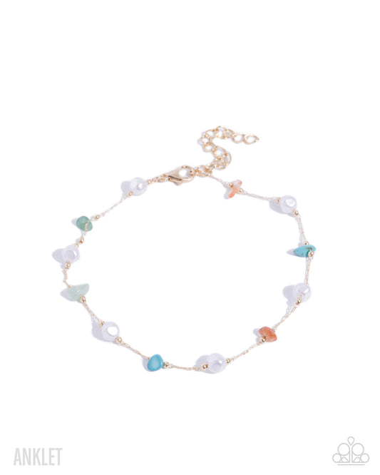 Paparazzi Spirited Story - Multicolored Jade, Orange, Amethyst, Turquoise & Rose Quartz Stone & White Pearl Anklet B2640