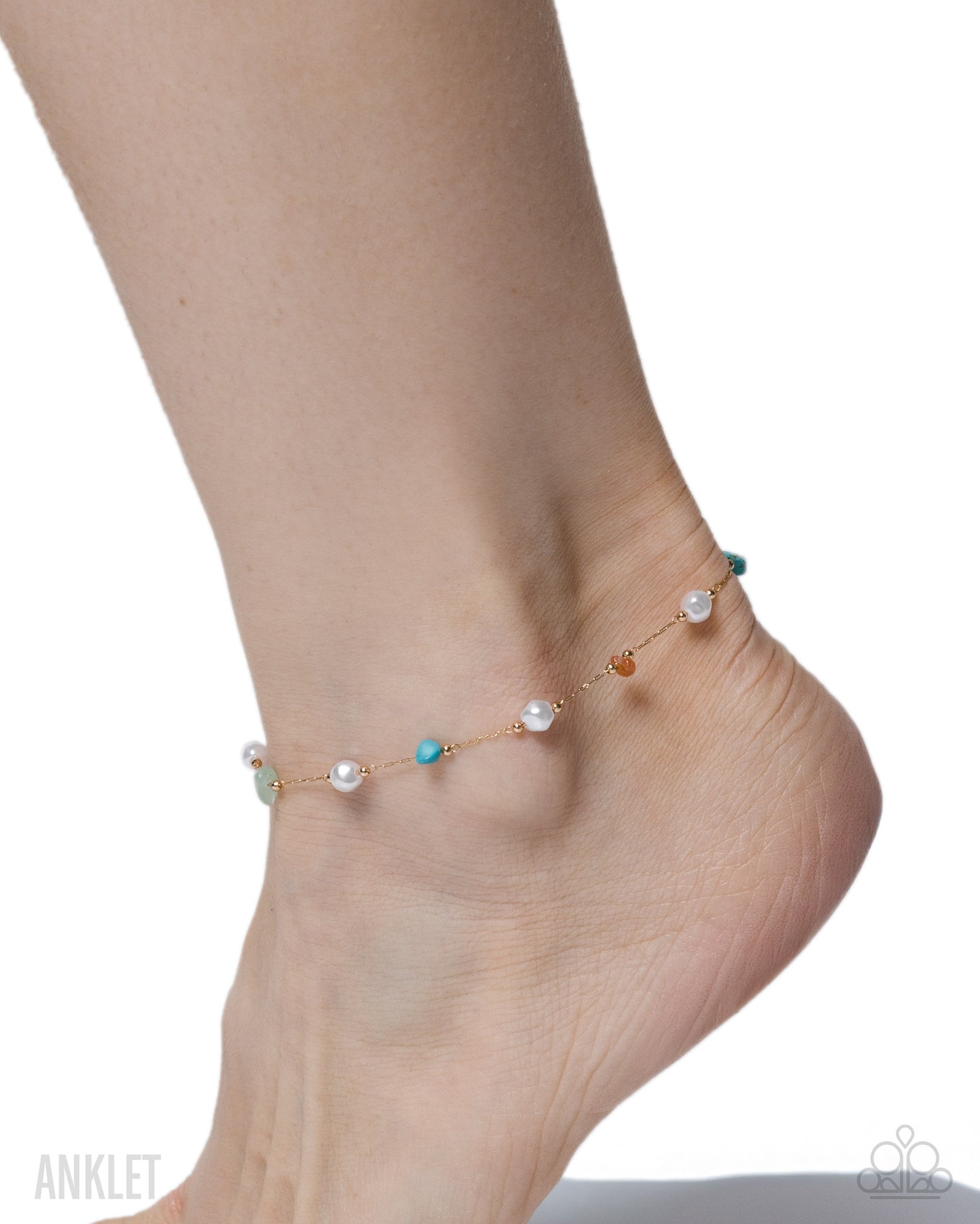 Paparazzi Spirited Story - Multicolored Jade, Orange, Amethyst, Turquoise & Rose Quartz Stone & White Pearl Anklet B2640