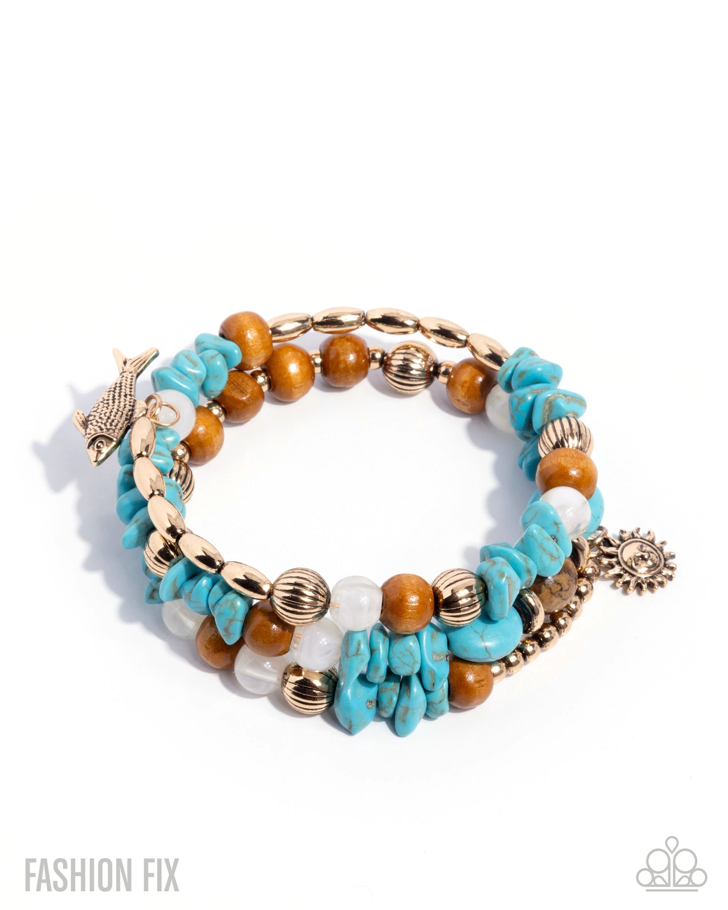 Paparazzi Spirited Sequence - Gold, Antiqued Gold Bead, Marbled & Turquoise Stone Coil Wrap Bracelet Simply Santa Fe Fashion Fix April 2026 B2629