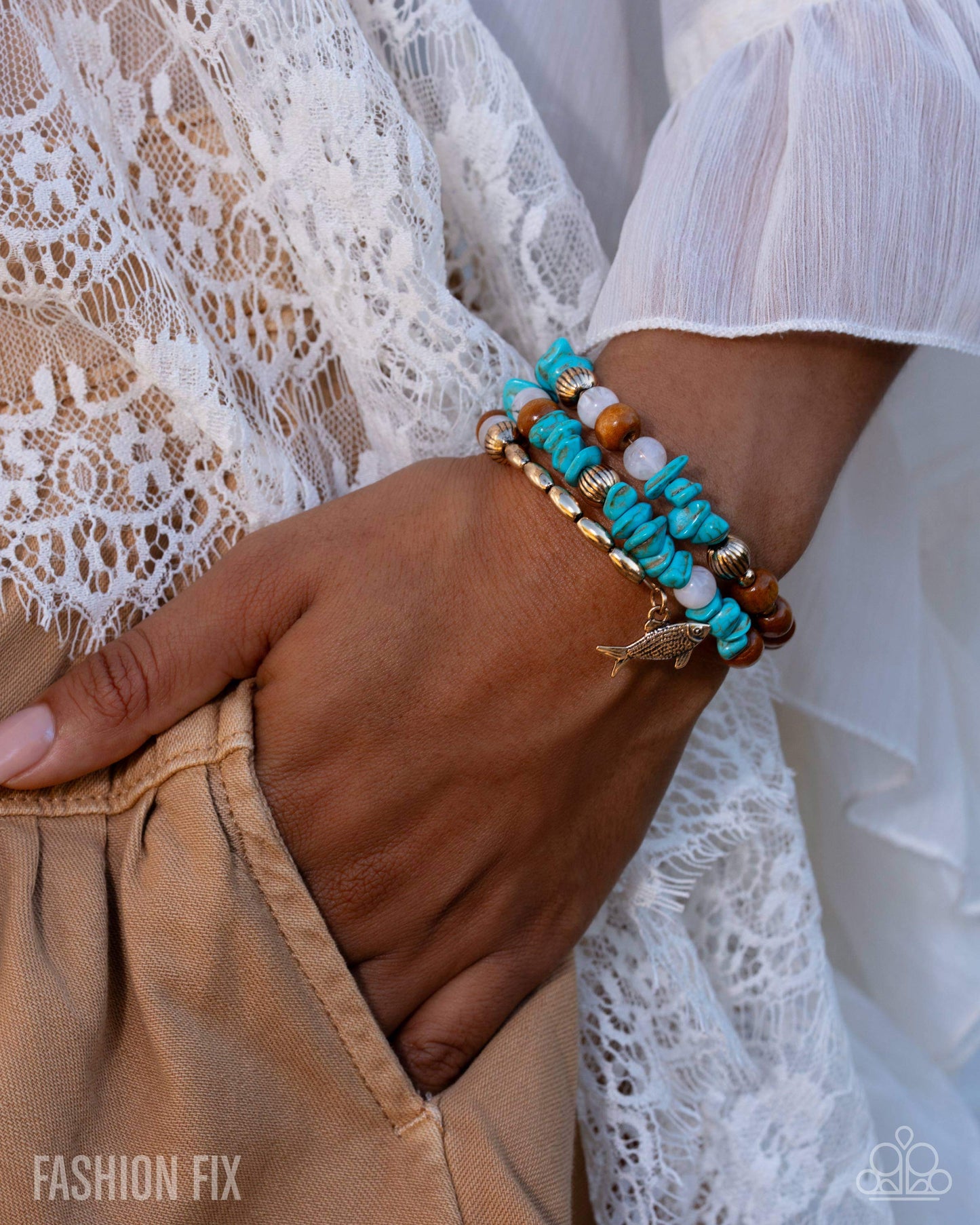 Paparazzi Spirited Sequence - Gold, Antiqued Gold Bead, Marbled & Turquoise Stone Coil Wrap Bracelet Simply Santa Fe Fashion Fix April 2026 B2629