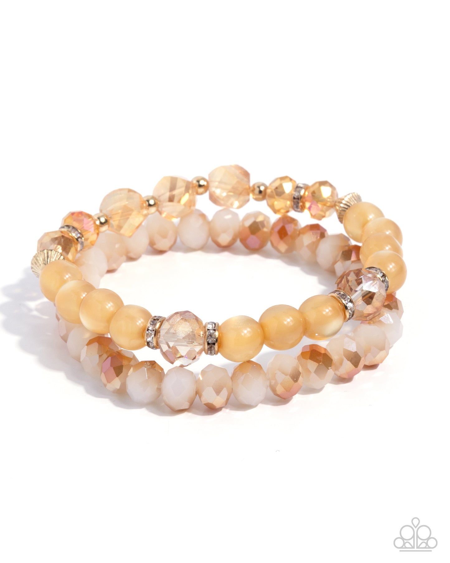 Paparazzi Fashionable Freedom - Orange, Champagne, Gold Bead & White Rhinestone Set Of 2 Stretch Bracelets B2645