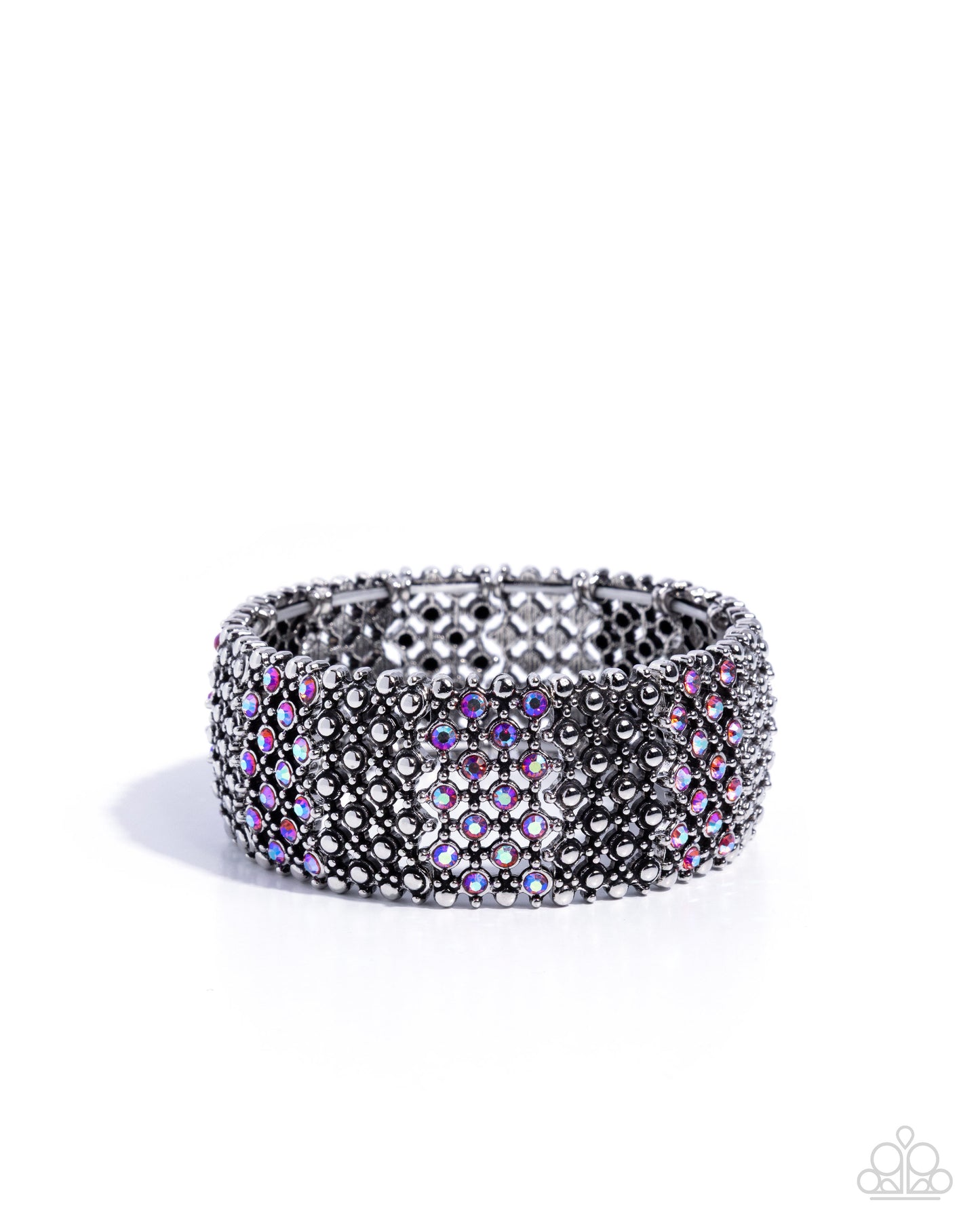 Paparazzi Precious Patchwork - Pink Fuchsia Iridescent Rhinestone Silver Studded Stretch Bracelet B2617