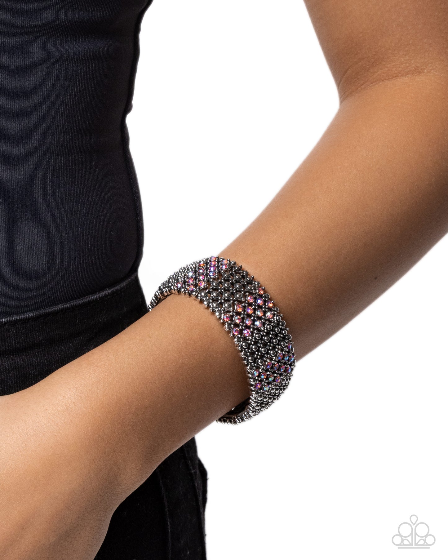 Paparazzi Precious Patchwork - Pink Fuchsia Iridescent Rhinestone Silver Studded Stretch Bracelet B2617