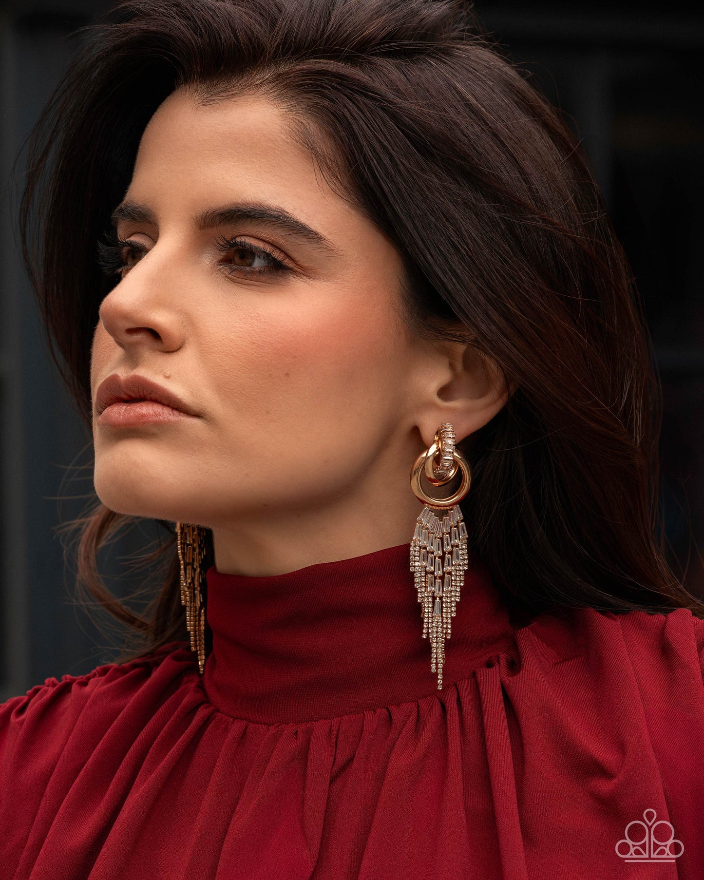 Paparazzi Draped in Drama - Gold & White Emerald Cut Gem Fringe Post Earring Empower Me Pink 2026 E3374