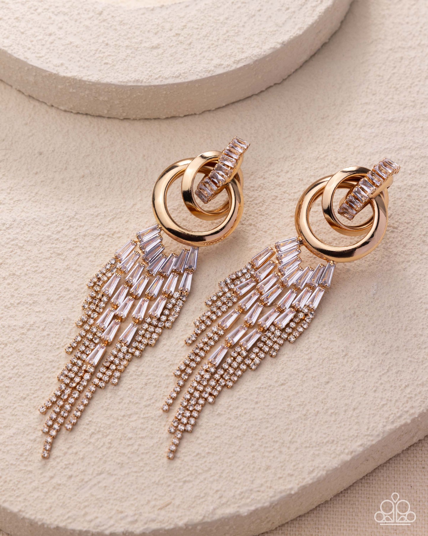 Paparazzi Draped in Drama - Gold & White Emerald Cut Gem Fringe Post Earring Empower Me Pink 2026 E3374