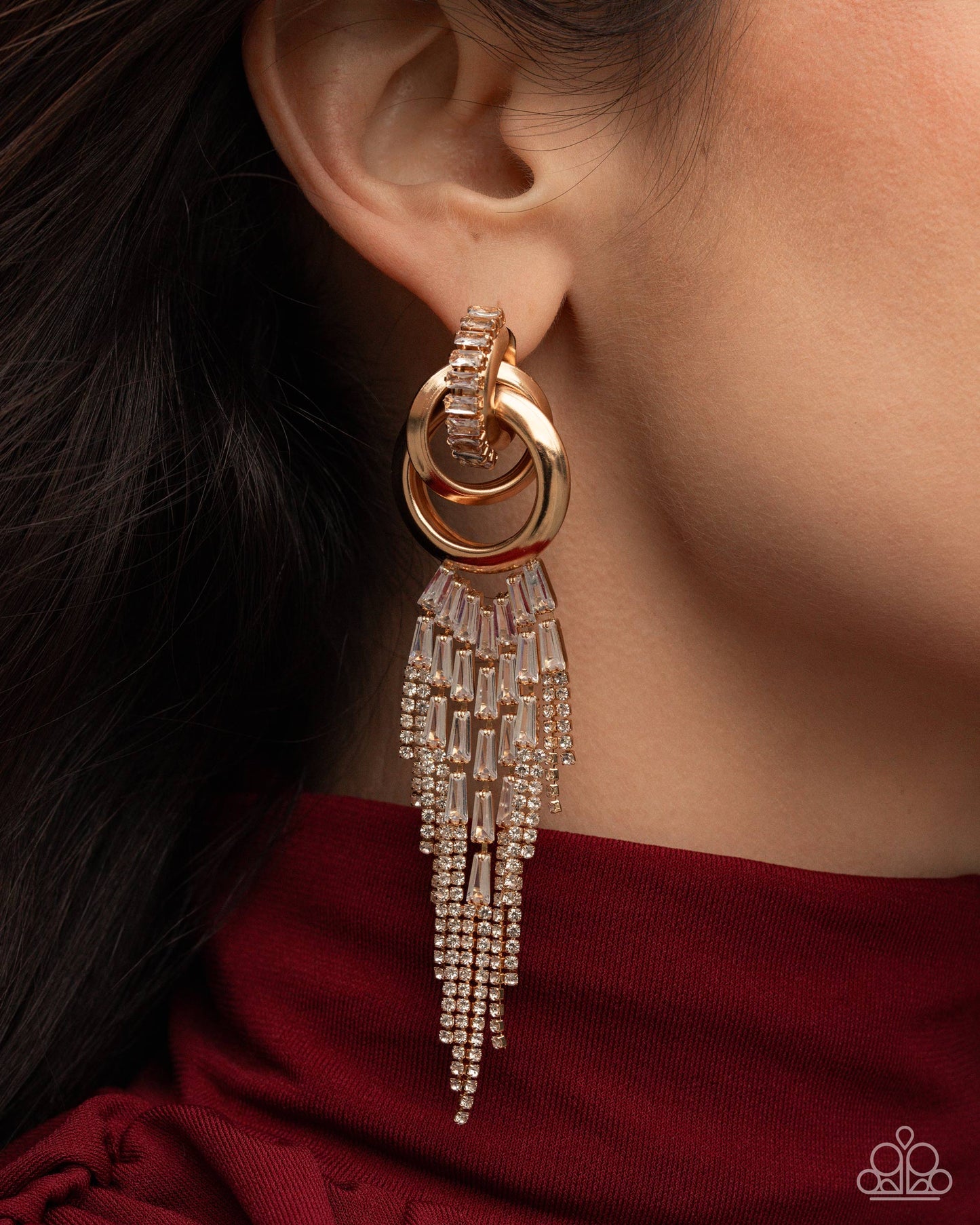 Paparazzi Draped in Drama - Gold & White Emerald Cut Gem Fringe Post Earring Empower Me Pink 2026 E3374