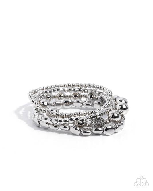 Paparazzi Edgy Element - Silver Bead, Hematite Rhinestone Set Of 4 Stretch Bracelets B2754