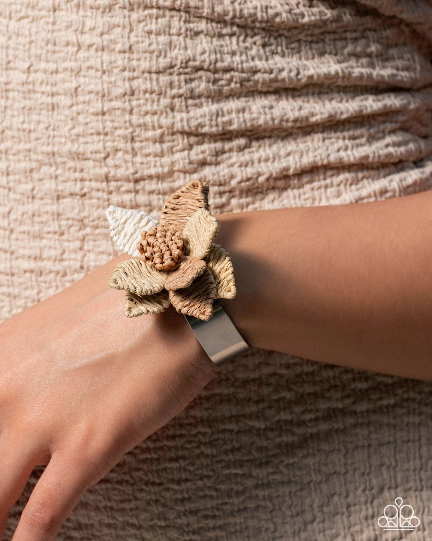 Paparazzi Petal Promotion - Brown Raffia Flower Silver Cuff Bracelet Empower Me Pink 2026 Exclusive B2662