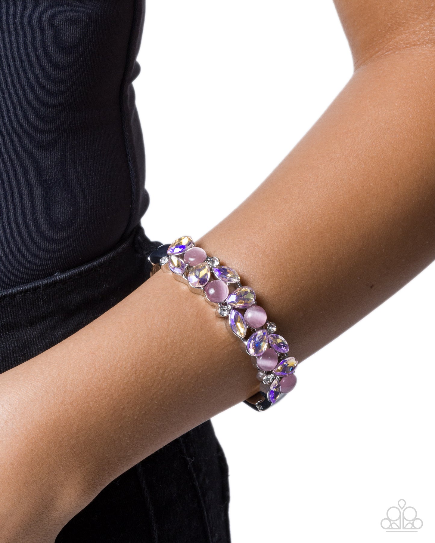 Paparazzi Exclusive Etiquette - Pink Cat's Eye, Pink UV Shimmery Gem & White Rhinestone Hinged Bracelet B2727