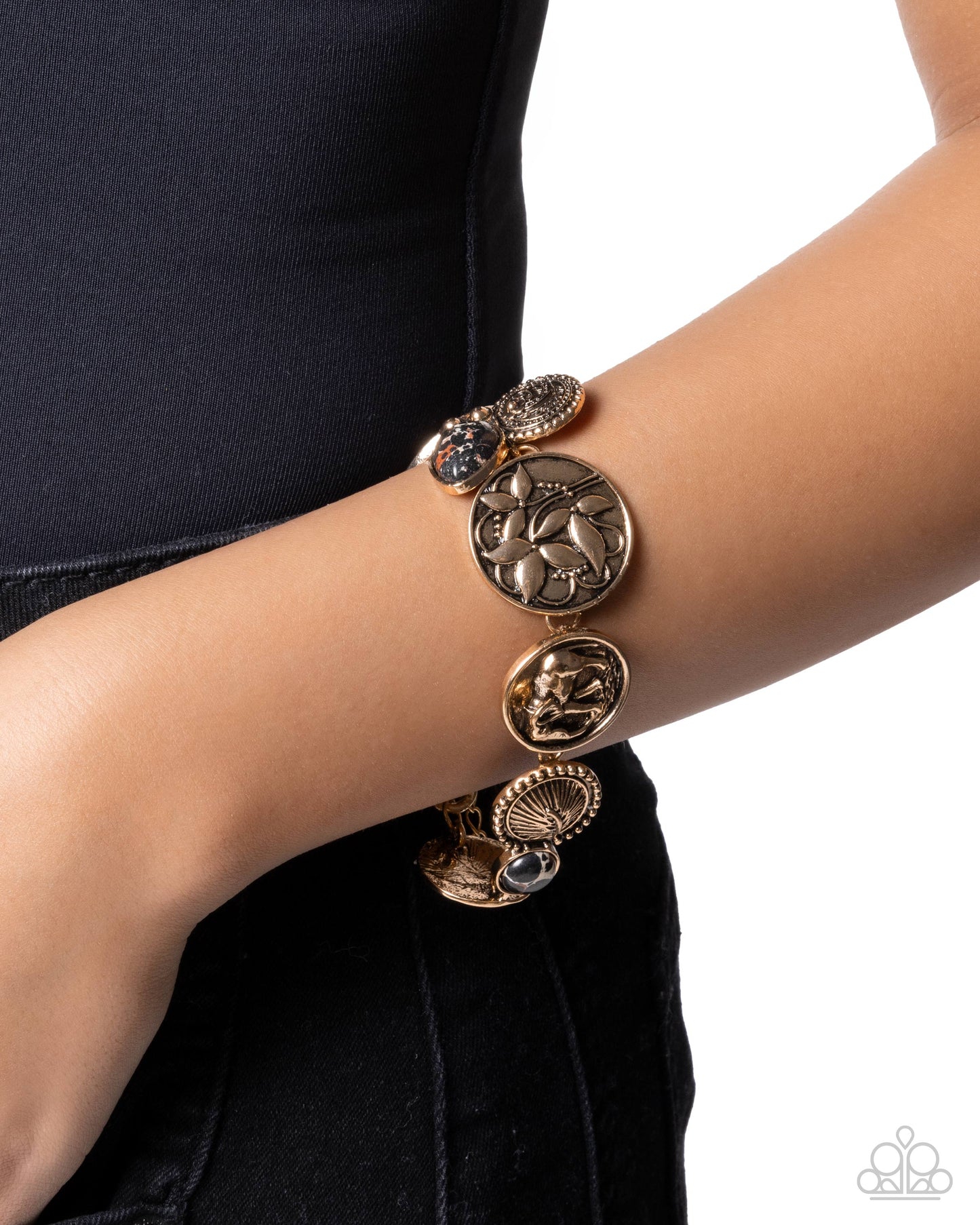 Paparazzi Relentless Roar - Black & White Marbled Stone, Antiqued Gold Lion, Elephant Bracelet B2635