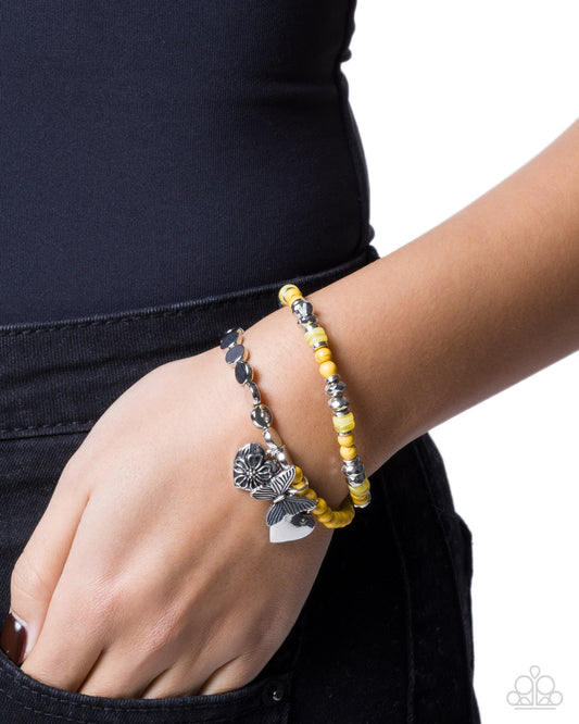 Paparazzi Gliding Greeting - Yellow & Silver Butterfly, Heart Padlock Charm Style Stretch Bracelet