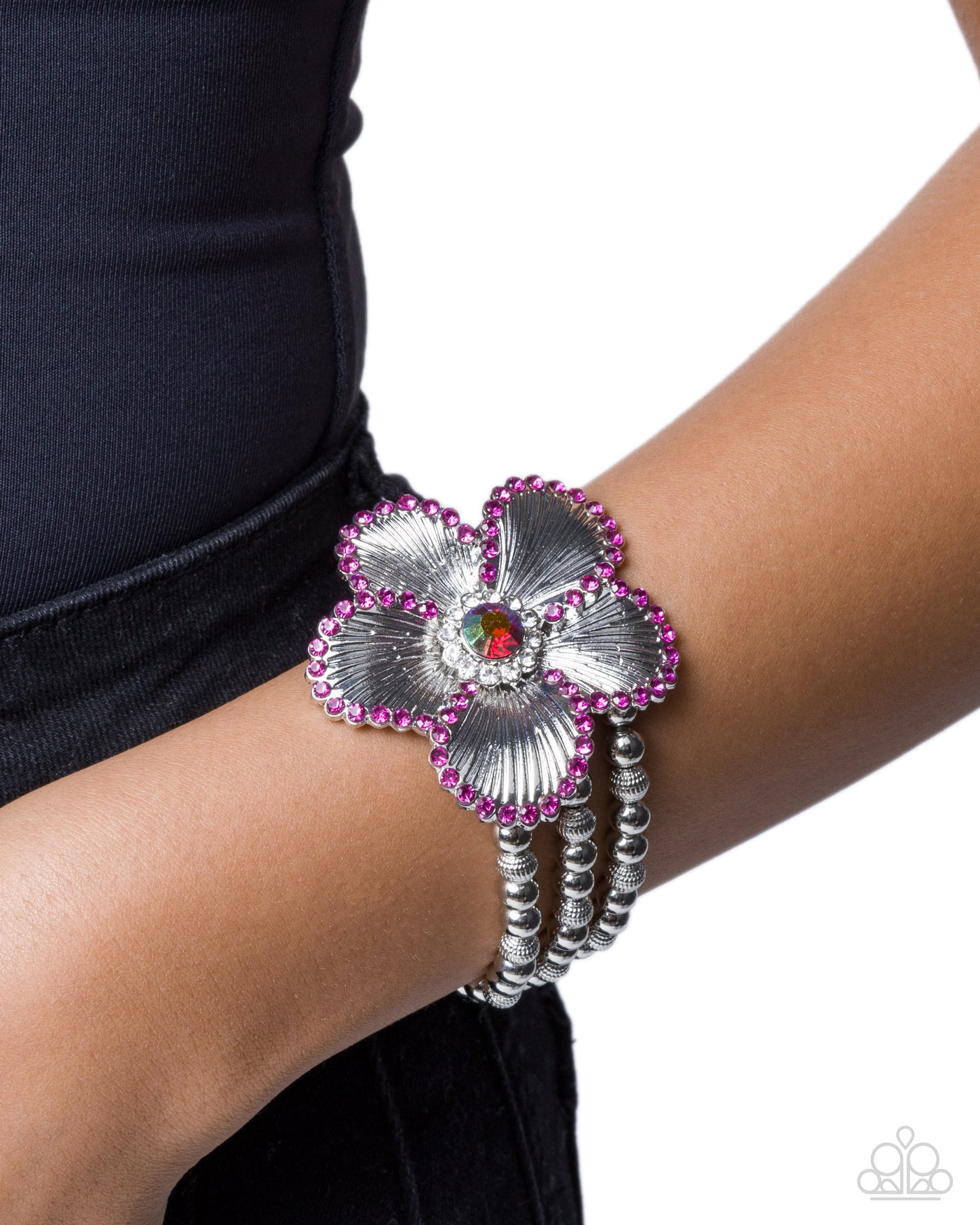 Paparazzi Blooming Bourre - Pink Fuchsia & White Rhinestone Silver Flower Stretch Bracelet B2529