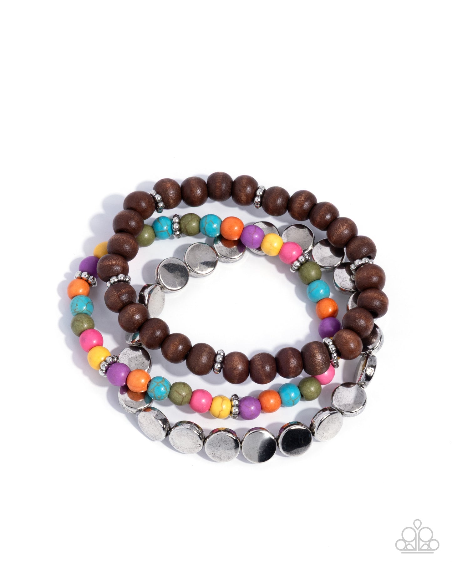 Paparazzi Mesa Moment - Multicolored Stone, Silver & Brown Wood Bead Set Of 3 Stretch Bracelets B2670