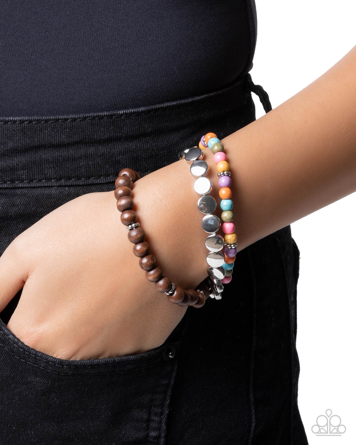 Paparazzi Mesa Moment - Multicolored Stone, Silver & Brown Wood Bead Set Of 3 Stretch Bracelets B2670