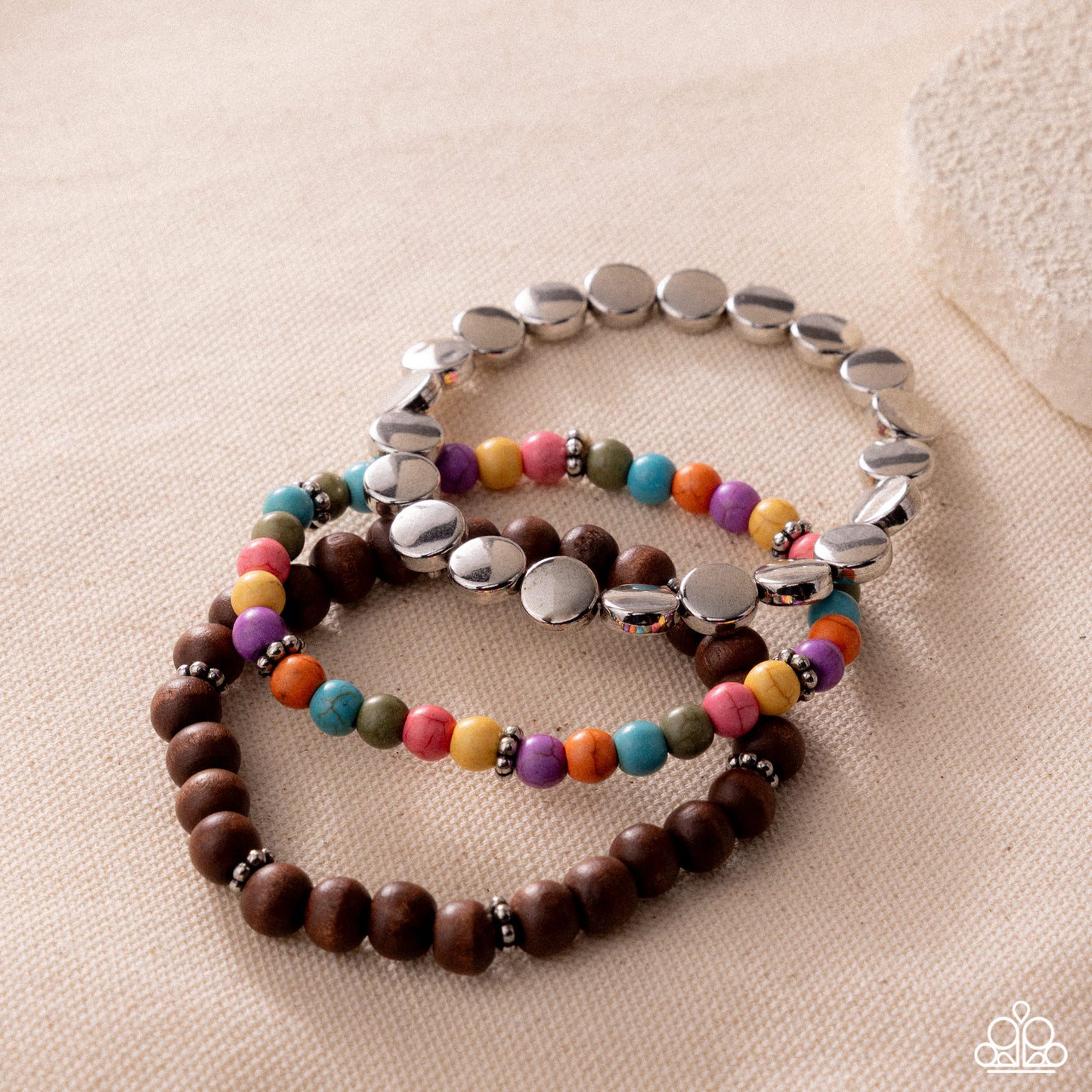 Paparazzi Mesa Moment - Multicolored Stone, Silver & Brown Wood Bead Set Of 3 Stretch Bracelets B2670