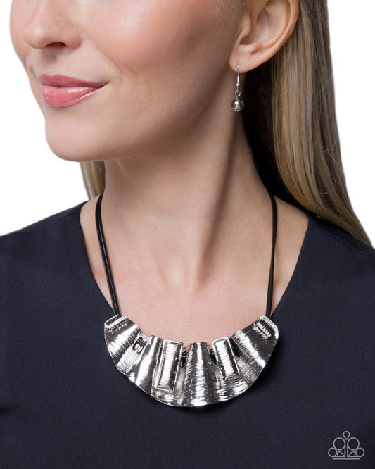 Paparazzi Crimped Caliber - Black Cording Silver Hammered Plate Necklace N4077