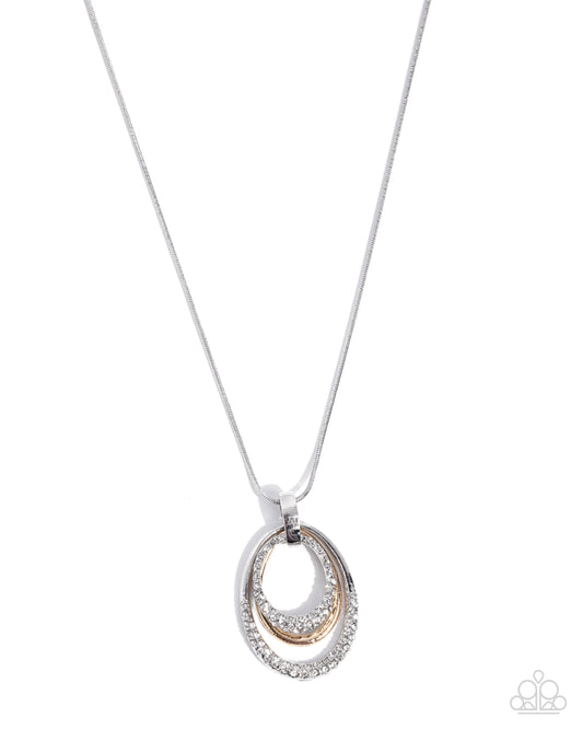 Paparazzi Layered Lesson - White Rhinestone Gold & Silver Oval Frame Necklace