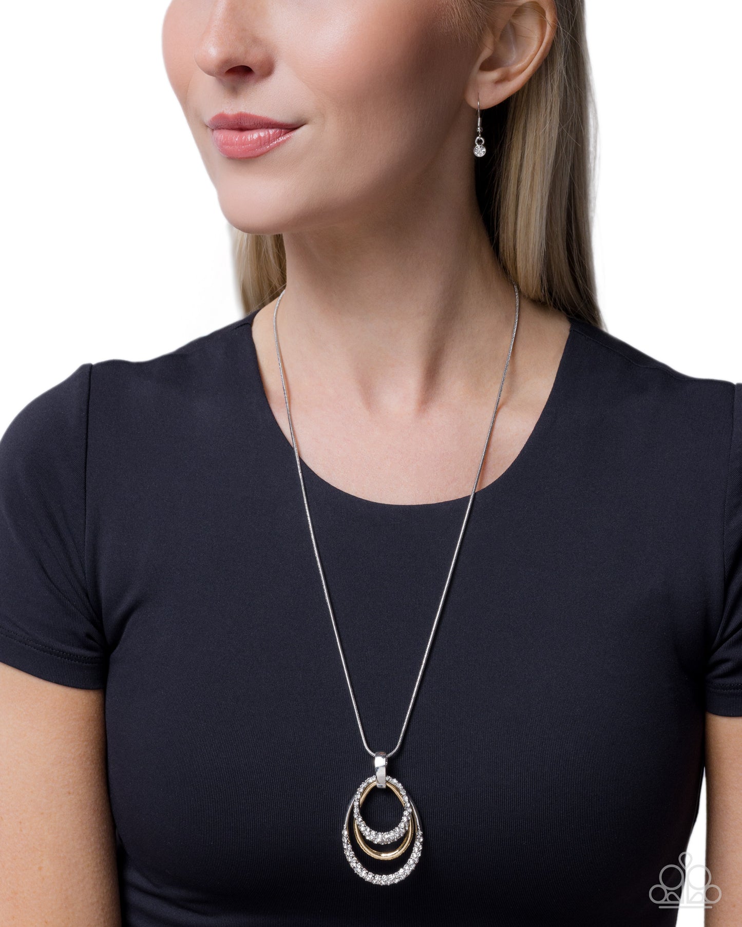 Paparazzi Layered Lesson - White Rhinestone Gold & Silver Oval Frame Necklace