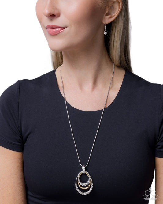 Paparazzi Layered Lesson - White Rhinestone Gold & Silver Oval Frame Necklace