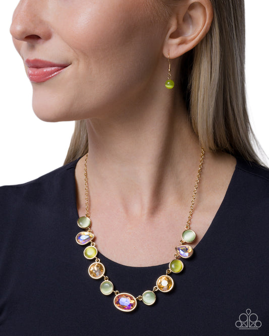 Paparazzi Executive Effort - Multicolored Yellow, Green Cat's Eye Stone Gold Necklace N4041
