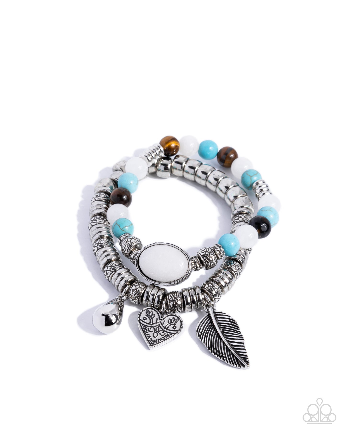 Paparazzi Seasonal Selfie - White, Turquoise, Tigers Eye Stone & Silver Feather Stretch Santa Fe Style Bracelets Set Of 2 B2682