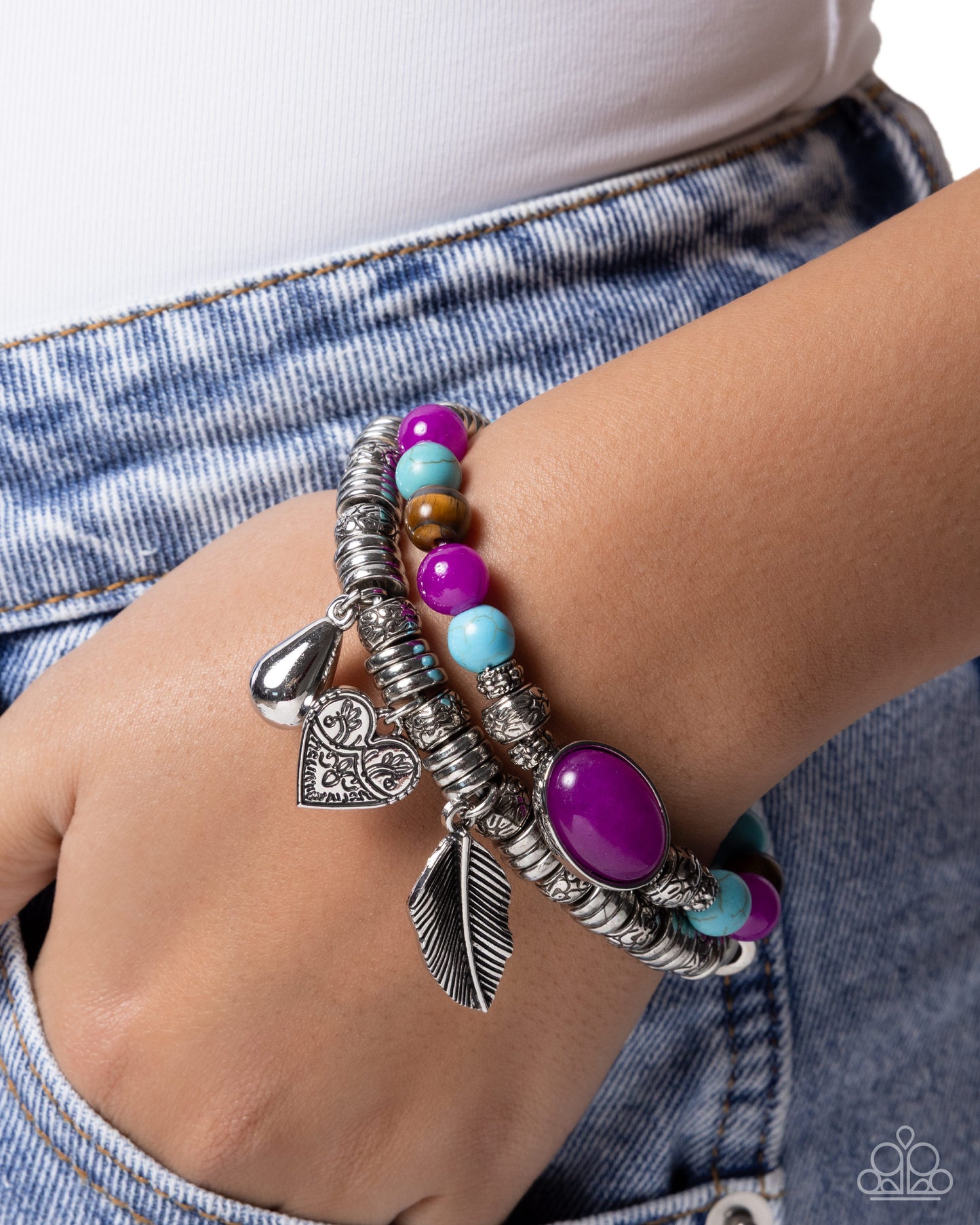 Paparazzi Seasonal Selfie - Purple, Turquoise, Tigers Eye Stone & Silver Feather, Heart Teardrop Charm Set Of 2 Stretch Bracelets B2638