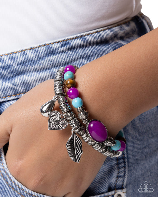 Paparazzi Seasonal Selfie - Purple, Turquoise, Tigers Eye Stone & Silver Feather, Heart Teardrop Charm Set Of 2 Stretch Bracelets B2638