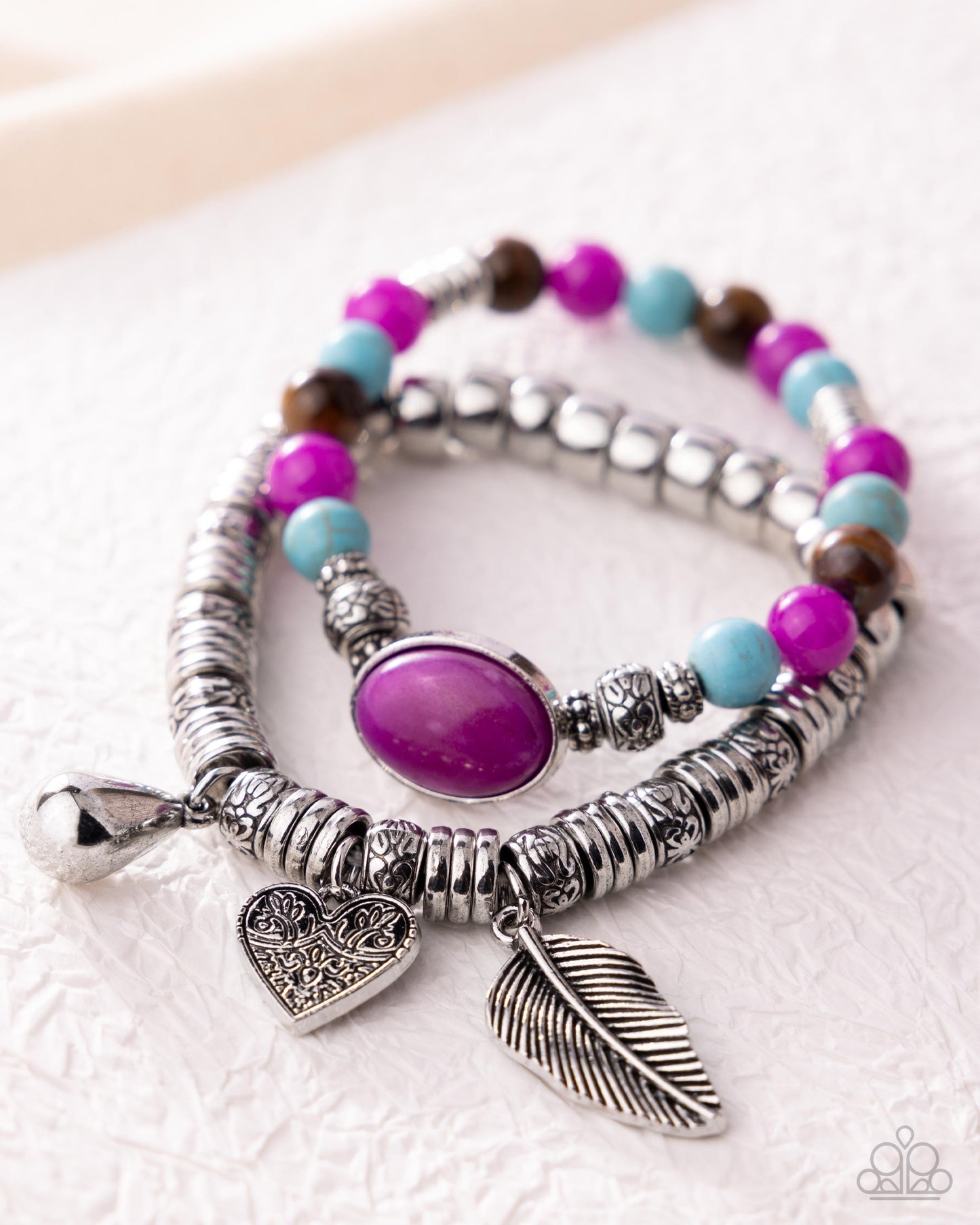 Paparazzi Seasonal Selfie - Purple, Turquoise, Tigers Eye Stone & Silver Feather, Heart Teardrop Charm Set Of 2 Stretch Bracelets B2638
