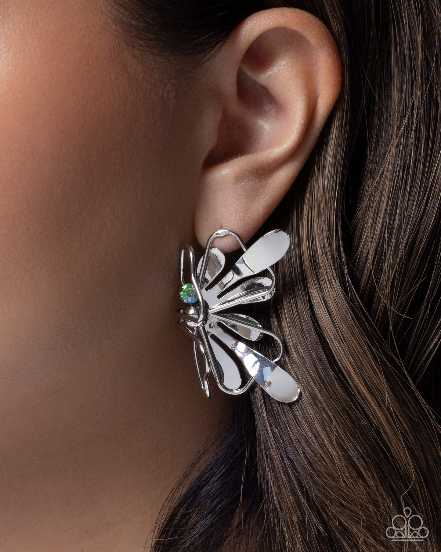 Paparazzi Breathtaking Bling - Multicolored Green Iridescent Gem Silver Butterfly Post Earring E3414
