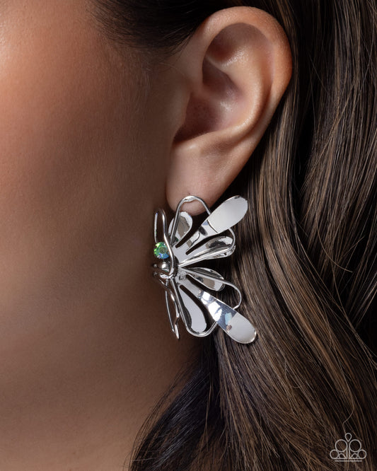 Paparazzi Breathtaking Bling - Multicolored Green Iridescent Gem Silver Butterfly Post Earring E3414