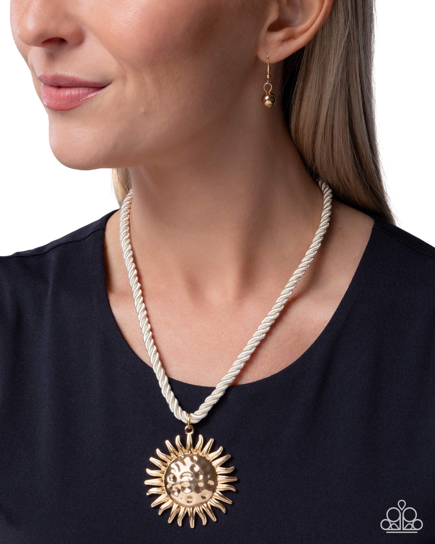 Paparazzi Seize the Sun - Gold Sun Pendant Ivory Rope Cord Nautical Necklace