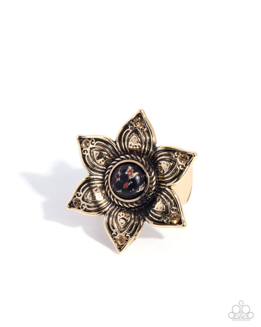 Paparazzi Smooth Stones - Black Marbled Stone & Antiqued Gold Flower Santa Fe Style Ring R1379