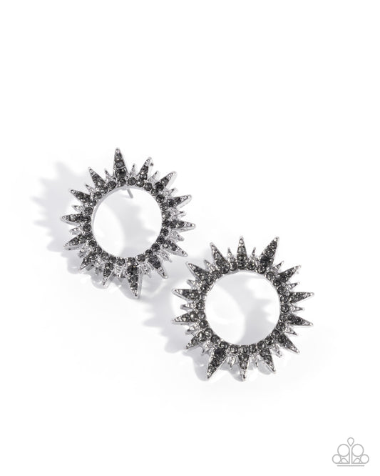 Paparazzi Stellar Stealth - Silver Spiked Wreath Smoky Rhinestone Post Earring E3411